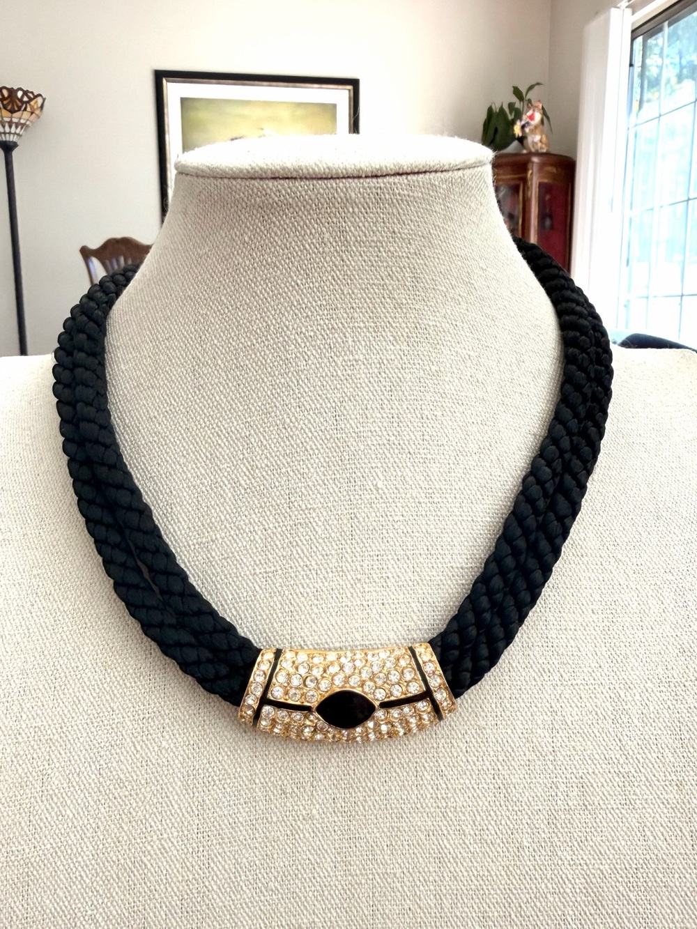Black Braided Cord Rhinestone Gold Tone Statement Necklace Adjustable